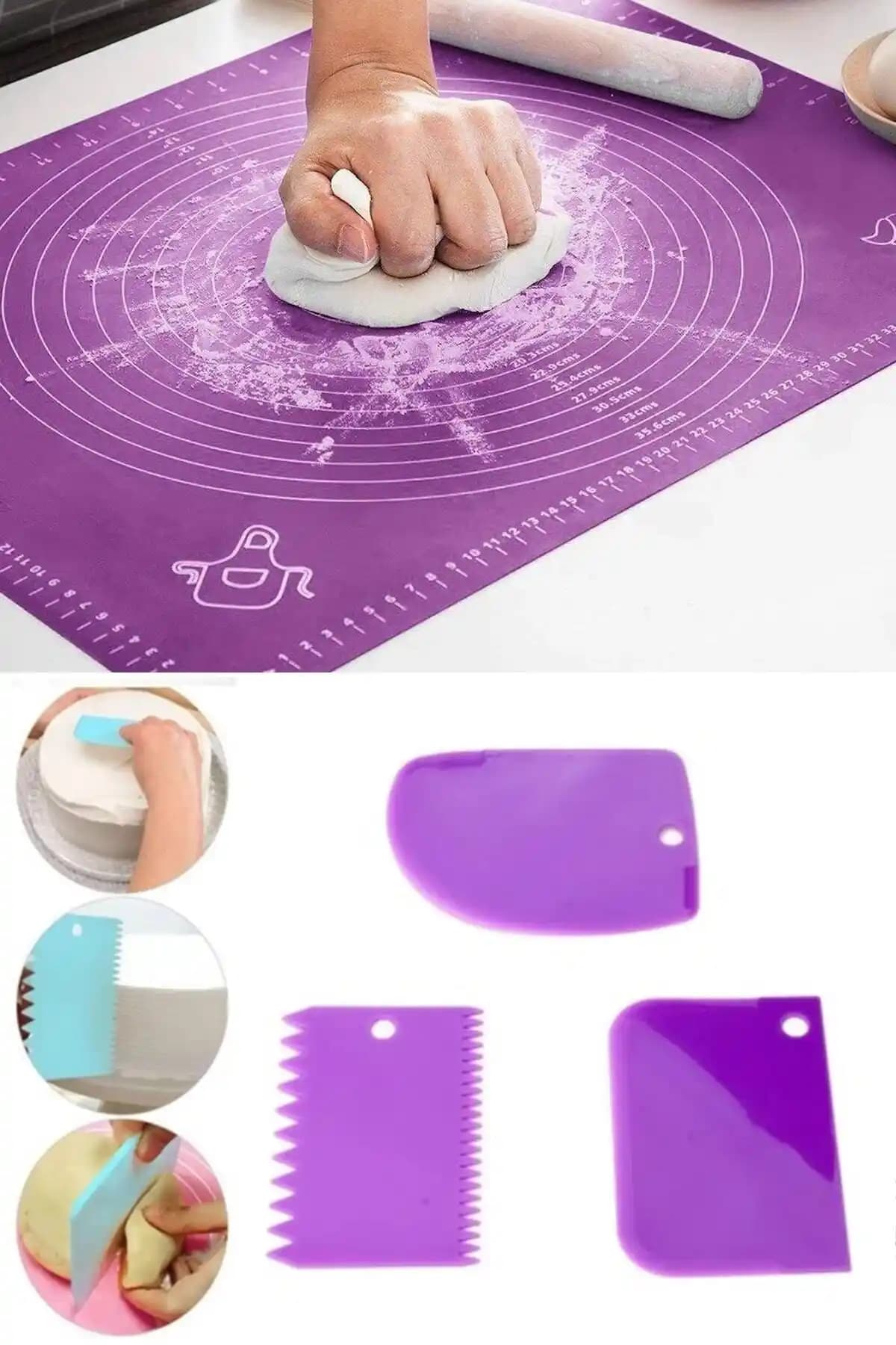 İndirimKap 2'li Silikon Hamur Açma Matı ve 3'lü Hamur Kesici Kazıyıcı Seti 40x50 cm