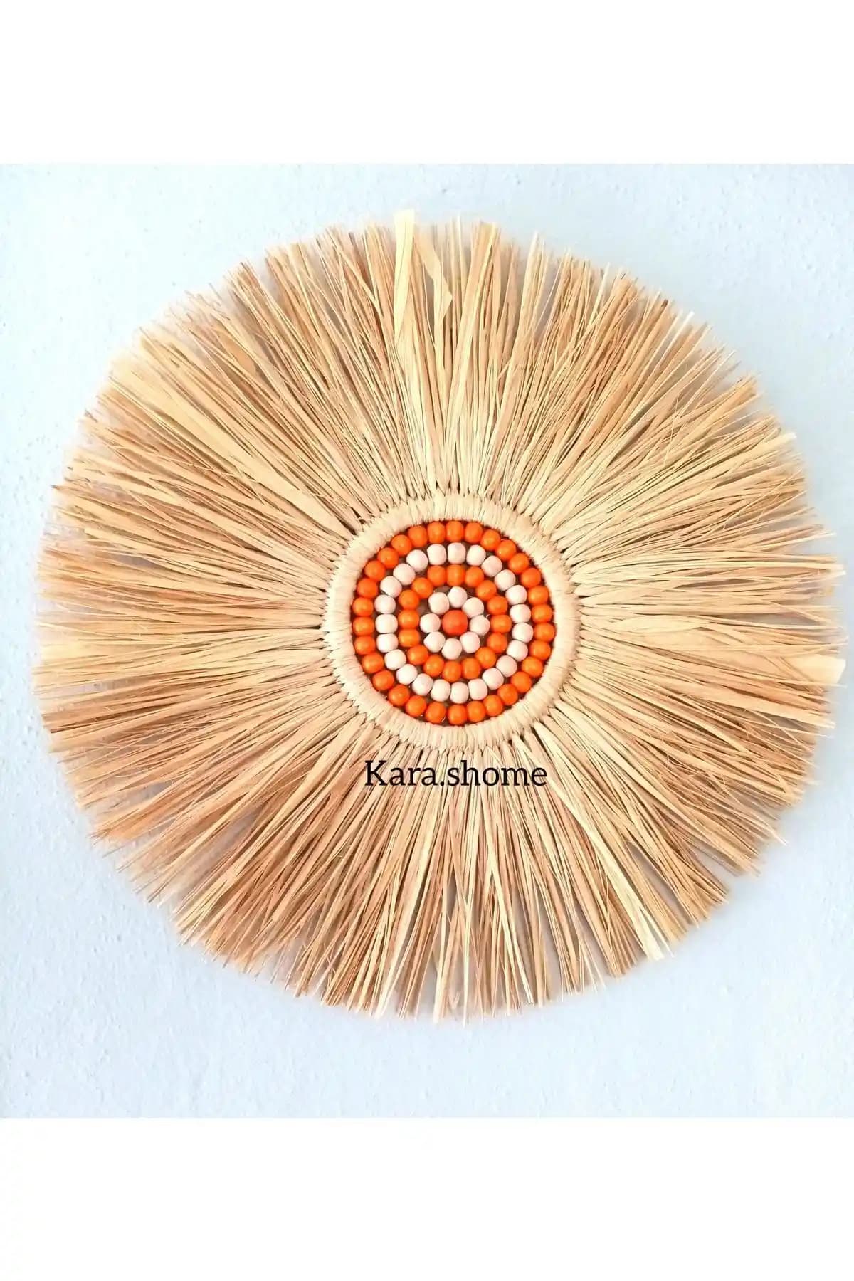 kara.shome Rafya Boncuklu Doğal Ahşap Duvar Aksesuar Süsü ile Mekanınıza Sıcaklık Katın