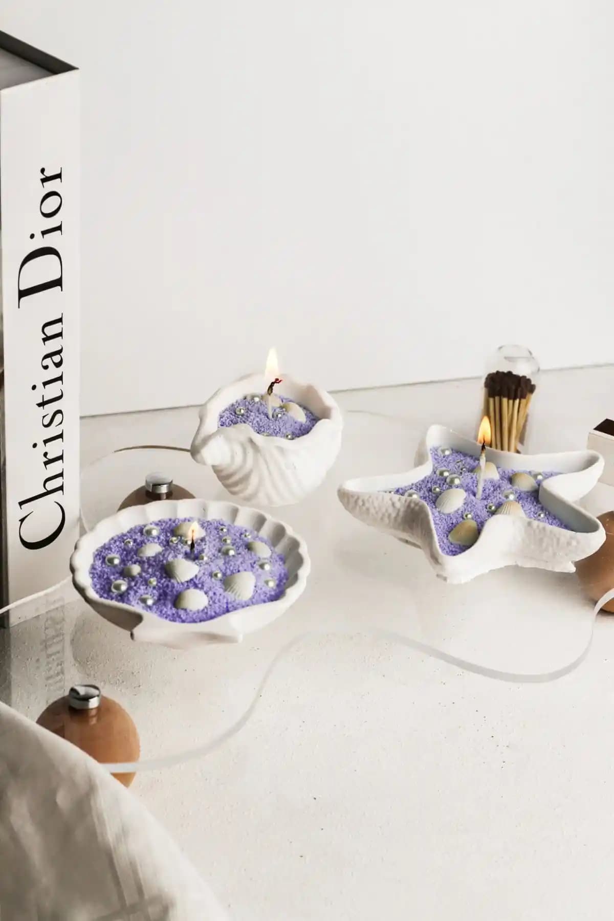 LALEZEN HOME Lila İnci Tozu Mumlu Deniz Kabuk Modeli 3lü Set ile Şık Ev Dekorasyonu