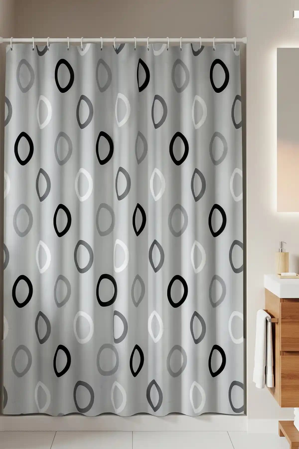 Tropikhome Polyester Geometrik Desenli Gri Banyo Perdesi 180x200 cm