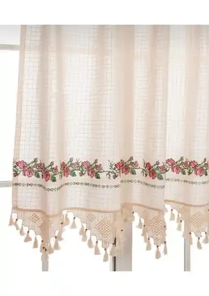 Tuncay Tekstil Buldan İşi Kırmızı Kanaviçeli El Dantelli Keten Perde - %100 Pamuk