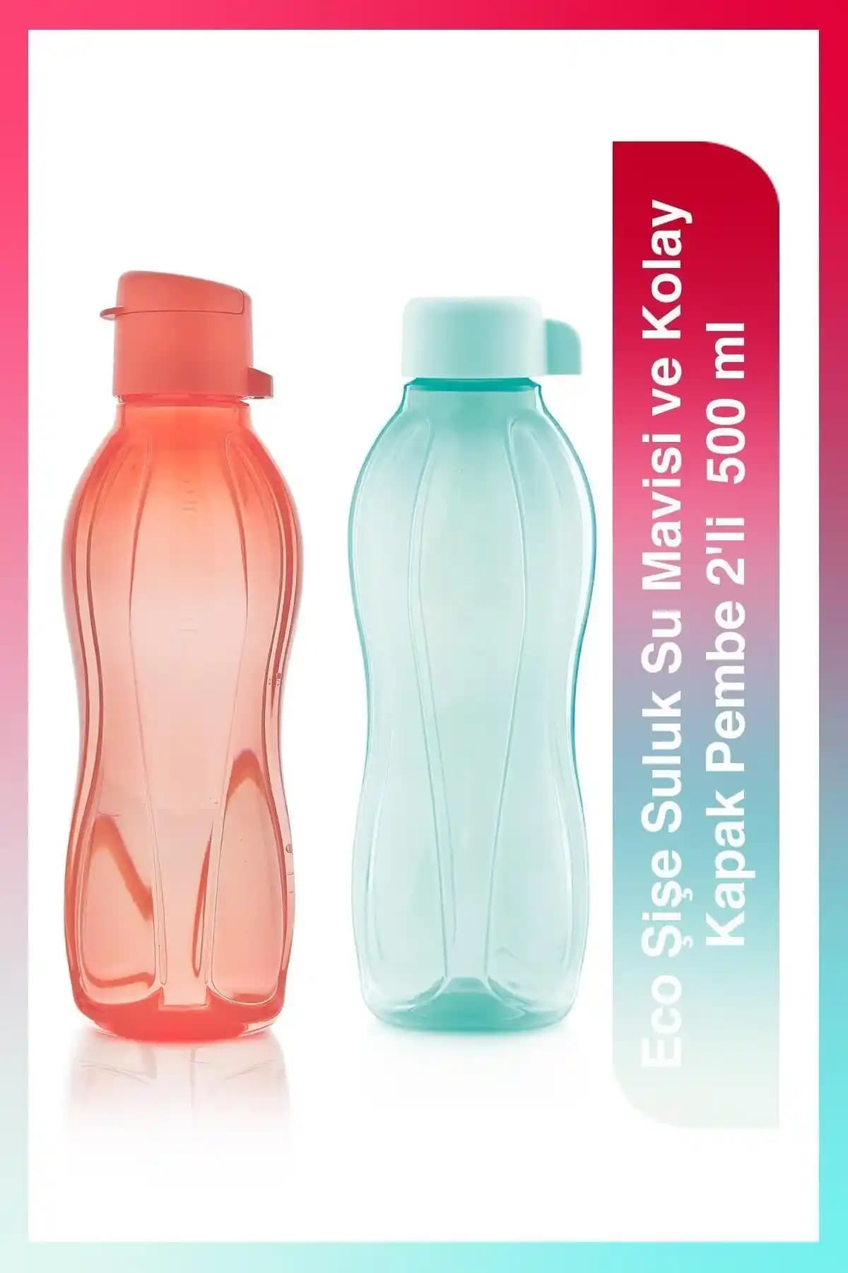 Tupperware Eco Şişe Suluk 2'li Set 500 ml Su Mavisi ve Pembe Kolay Kapaklı