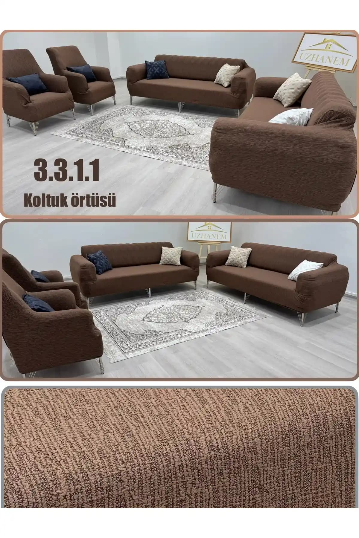 Uzhanem 3+3+1+1 Streç Lastikli Pamuklu Jakarlı Koltuk Örtüsü Takımı - Dayanıklı ve Esnek