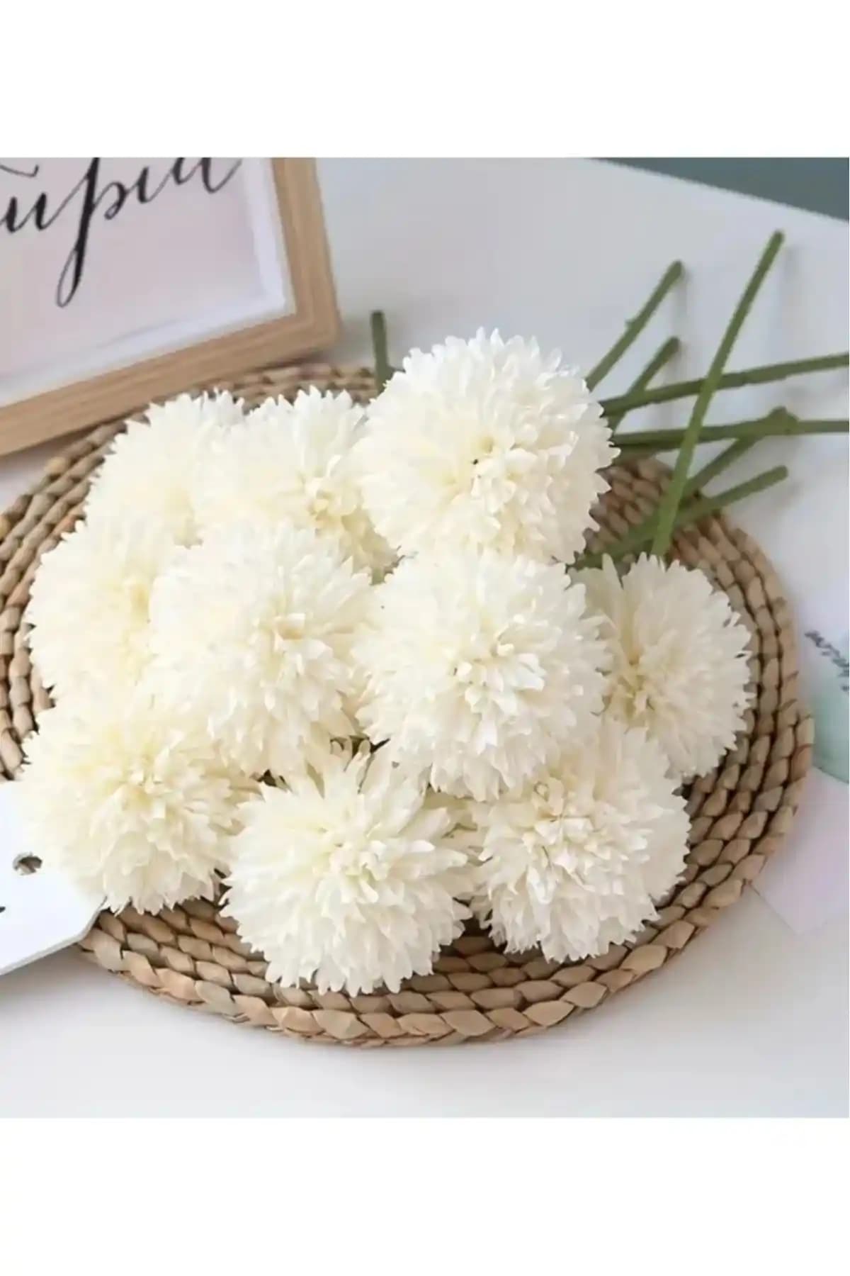 Yapay Çiçek Top Krizantem 7li Mini Kartopu Demeti 30 cm Beyaz - Zarif Dekorasyon