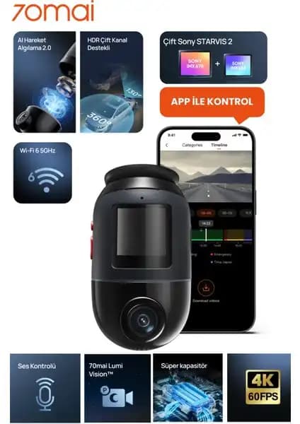 70MAI Omni X800 Gelişmiş 4K Araç Kamerası Yüksek Çözünürlük ve Tam Kapsama Özelliğiyle
