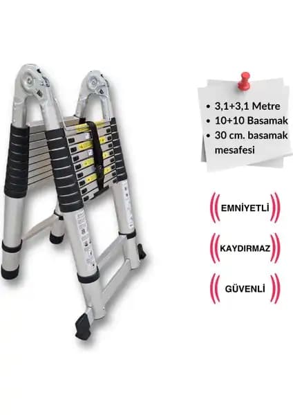 Endokon 310 + 310 cm Teleskobik Alüminyum Merdiven Güvenli ve Çok Yönlü Kullanım İçin Uygun