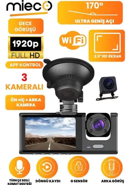 Mieco 1s Wifi 1920p FHD 170° Ultra Geniş Açı ve Üç Kameralı Araç Kamerası (2025)