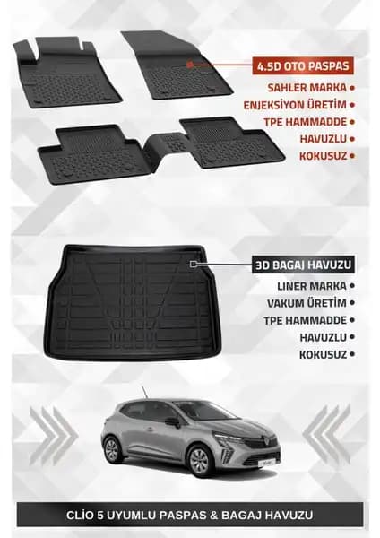 Renault Clio 5 2020+ Uyumlu Sahler Oto Paspas ve Bagaj Havuzu Çözümleri