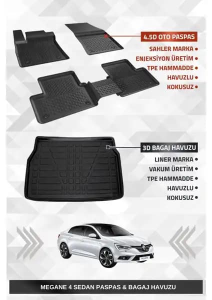 Renault Megane 4 Sedan 2016-2024 İçin Sahler Marka Kaliteli ve Fonksiyonel Oto Paspasları