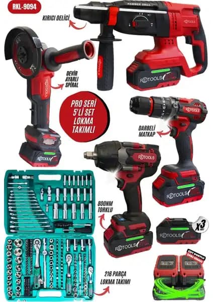 Retools Yeni Seri 5'li Set 800NM Tork Gücü ve 216 Parça Lokma Takımlı Profesyonel Çözüm