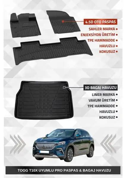 Sahler Togg T10X 2023-2025 Uyumlu Oto Paspas ve Bagaj Havuzu Seti Detayları