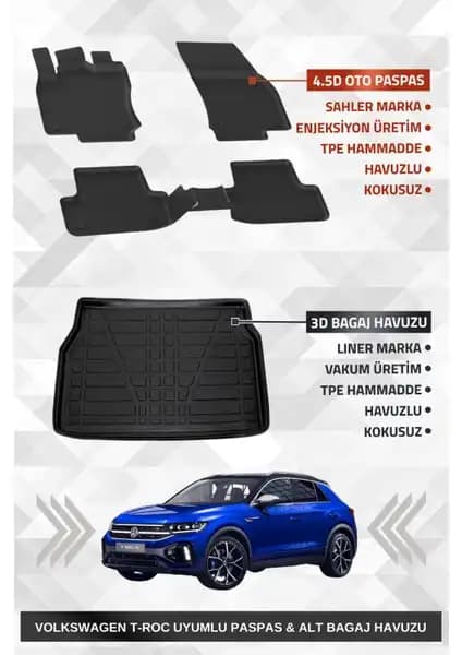 Volkswagen T-Roc 2019 ve Sonrası İçin Sahler Premium Oto Paspas ve Bagaj Havuzu Ürünleri